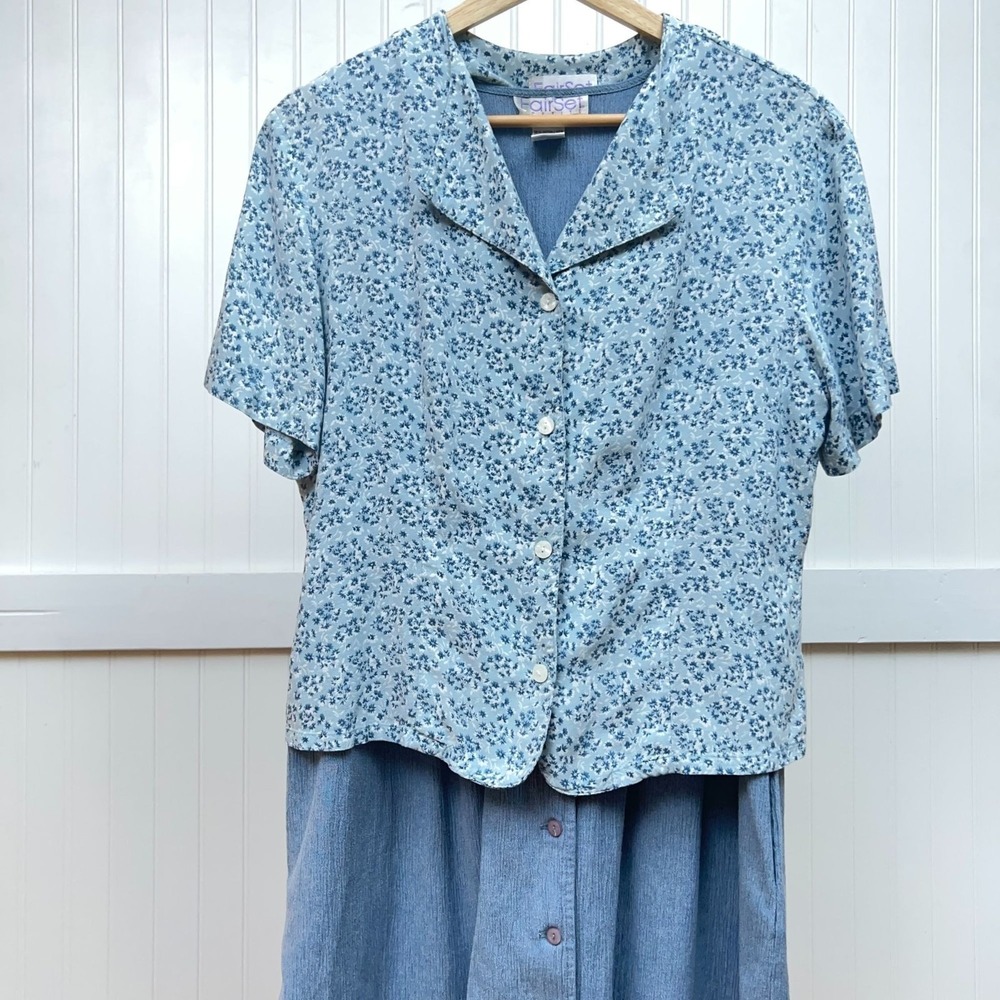 Vtg 90s Blue Floral Top Dress Cottagecore Prairie Set Grandmacore Wmns 8